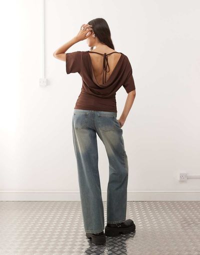 Collusion COLLUSION cowl back off-shoulder tee in chocolate brown