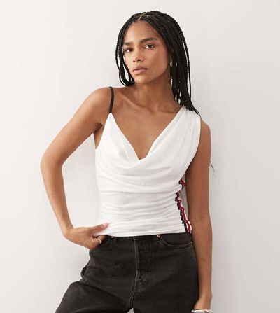 Collusion COLLUSION cowl neck cami top with sporty stripe detailing in white