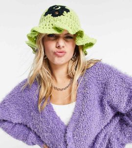Collusion COLLUSION crochet bucket hat with flower design in lime-Green