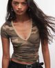 Collusion COLLUSION deep v-neck fitted top in camo-Green - 1