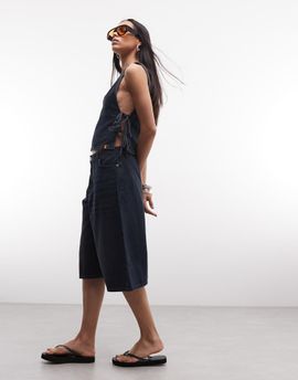 Collusion COLLUSION denim baggy culotte shorts in grunge blue dark wash - part of a set-Navy
