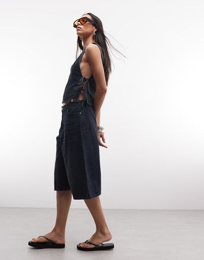 Collusion COLLUSION denim baggy culotte shorts in grunge blue dark wash - part of a set-Navy