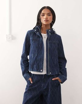 Collusion COLLUSION denim hooded argyle print jacket in rinse wash-Navy