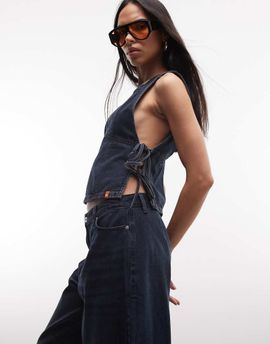 Collusion COLLUSION denim tie side top in grunge dark blue wash - part of a set-Navy