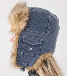 Collusion COLLUSION denim vintage trapper hat with faux fur trim in mid wash blue