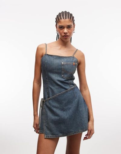 Collusion COLLUSION denim wrap dress in mid wash-Blue
