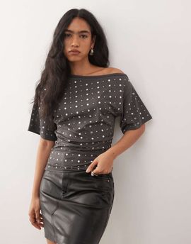Collusion COLLUSION drape off shoulder relaxed T-shirt in all over stud in gray