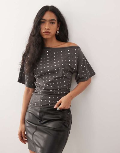Collusion COLLUSION drape off shoulder relaxed T-shirt in all over stud in gray