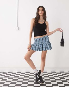 Collusion COLLUSION dropped waist plaid mini skirt in blue-Multi