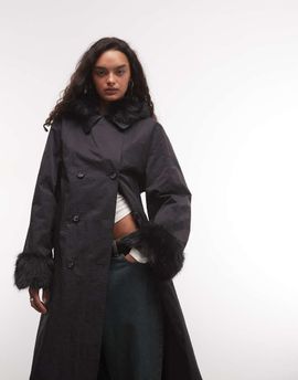 Collusion COLLUSION faux fur hooded trench coat in black
