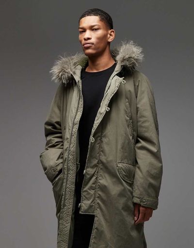Collusion COLLUSION faux fur lined longline parka in khaki green