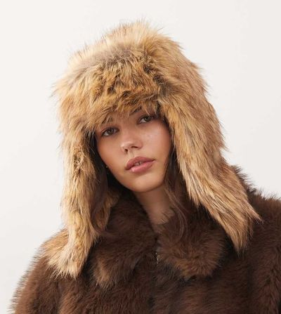 Collusion COLLUSION faux fur trapper hat in neutral brown