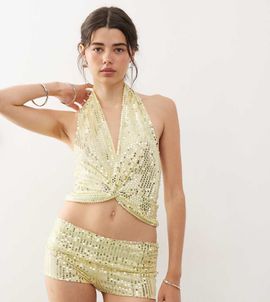 Collusion COLLUSION festival sequin cross over halter top in yellow - part of a set-Silver