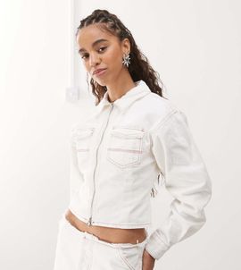 Collusion COLLUSION fitted denim jacket in ecru-Neutral