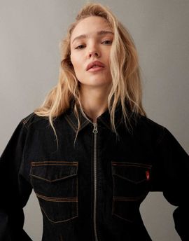 Collusion COLLUSION fitted jacket with orange contrast cuffs in dark blue-Navy
