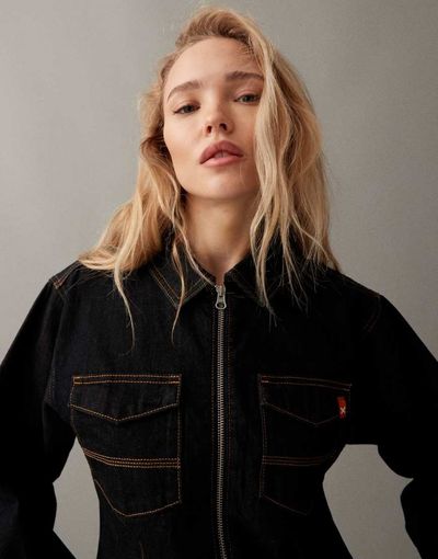 Collusion COLLUSION fitted jacket with orange contrast cuffs in dark blue-Navy