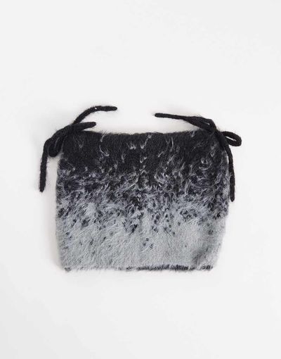 Collusion COLLUSION fluffy knit ear beanie with bow details in black & gray ombre