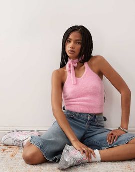Collusion COLLUSION fluffy knit tie back halter top-pink