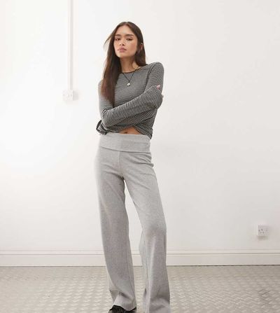 Collusion COLLUSION foldover waist ribbed flare yoga pants in gray heather