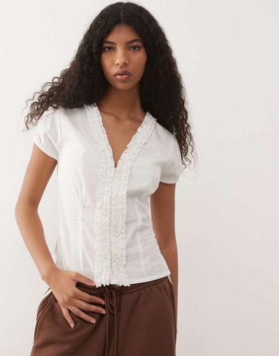 Collusion COLLUSION frill detailing short sleeve blouse in white