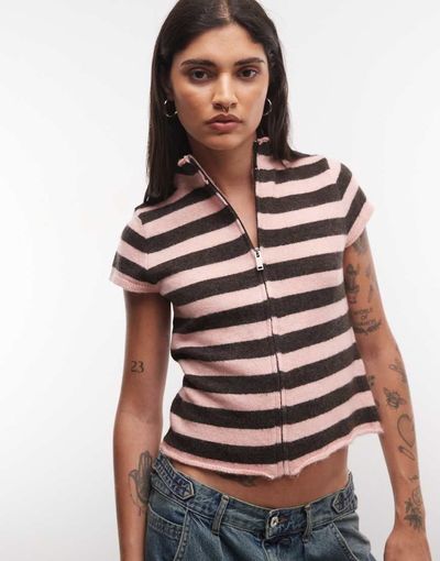 Collusion COLLUSION funnel neck striped cardigan in pink and brown