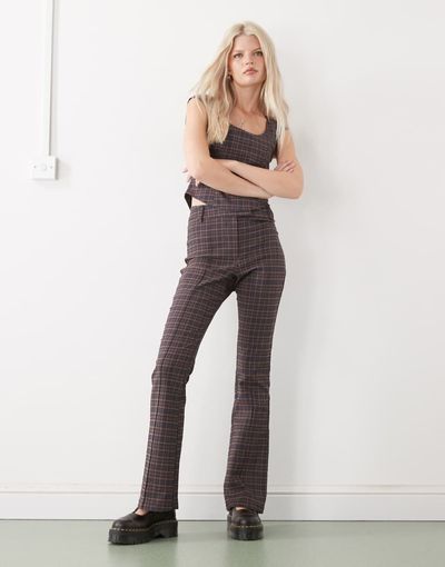 Collusion COLLUSION high rise flare pants in dark plaid - part of a set-Multi