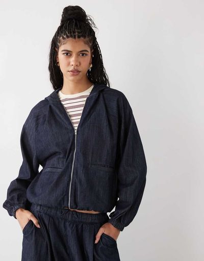 Collusion COLLUSION hooded denim track jacket in rinse wash -set-Navy