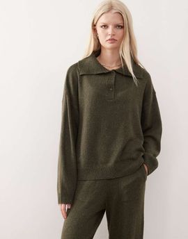 Collusion COLLUSION knit oversized button up sweater in khaki - part of a set-Green