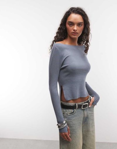 Collusion COLLUSION knitted slash neck top in gray-NEUTRAL