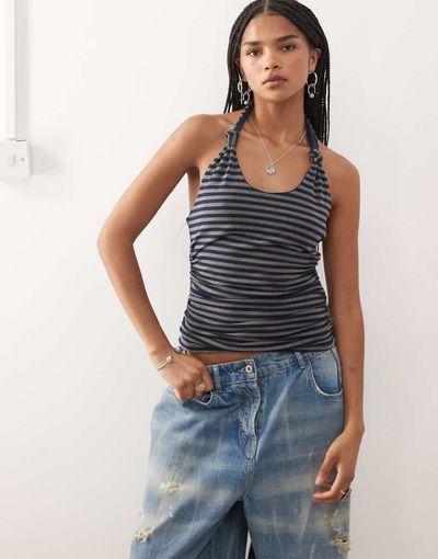 Collusion COLLUSION knot detail halter top in blue stripe