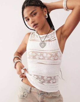 Collusion COLLUSION lace high neck sleeveless top in cream-White