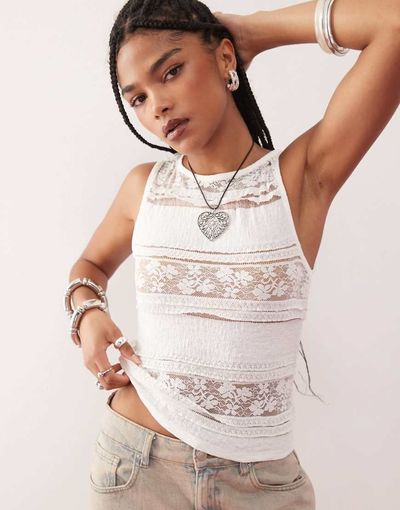 Collusion COLLUSION lace high neck sleeveless top in cream-White