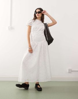 Collusion COLLUSION lace up sides eyelet midaxi dress in white