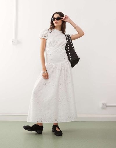 Collusion COLLUSION lace up sides eyelet midaxi dress in white