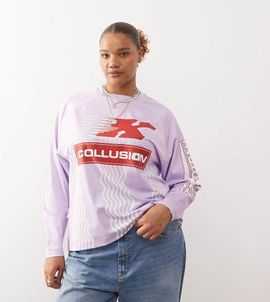 Collusion COLLUSION lavender logo soccer long sleeve tee-Purple