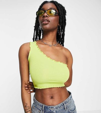 Collusion COLLUSION lettuce edge one shoulder top in olive-Green