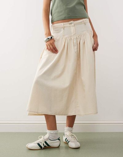 Collusion COLLUSION linen look skirt with contrast stitch in buttermilk yellow