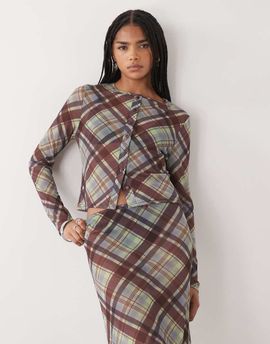 Collusion COLLUSION long sleeve mesh button up top in burgundy and lime plaid-Multi