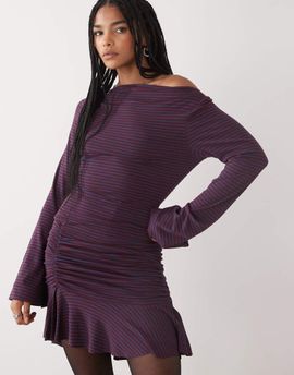 Collusion COLLUSION long sleeve mini dress in blue and burgundy stripe-Multi