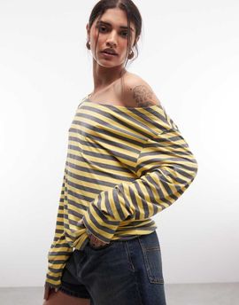 Collusion COLLUSION long sleeve off the shoulder top in lemon and gray stripes-Yellow