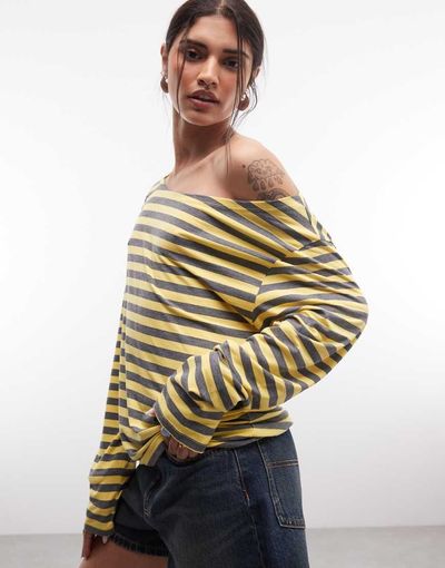 Collusion COLLUSION long sleeve off the shoulder top in lemon and gray stripes-Yellow