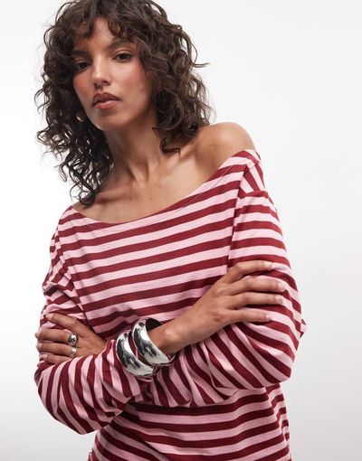 Collusion COLLUSION long sleeve off the shoulder top in pink and burgundy striped print-Yellow
