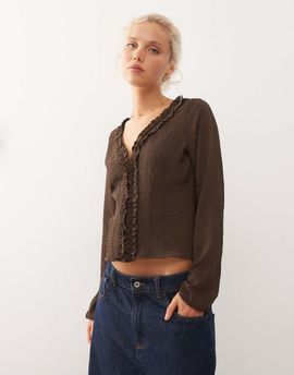 Collusion COLLUSION long sleeve ruffle blouse in brown