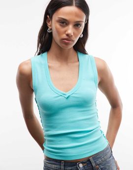Collusion COLLUSION low V-neck exposed seam ribbed tank top in aqua-Blue