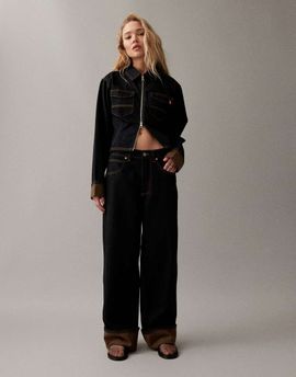 Collusion COLLUSION mid rise jeans with orange contrast turn up hem in dark blue-Navy
