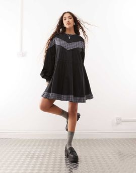 Collusion COLLUSION mini smock dress in black and gray plaid