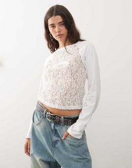 Collusion COLLUSION mixed textures lace raglan t-shirt-White