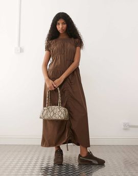 Collusion COLLUSION multi channel short sleeve midi dress in brown