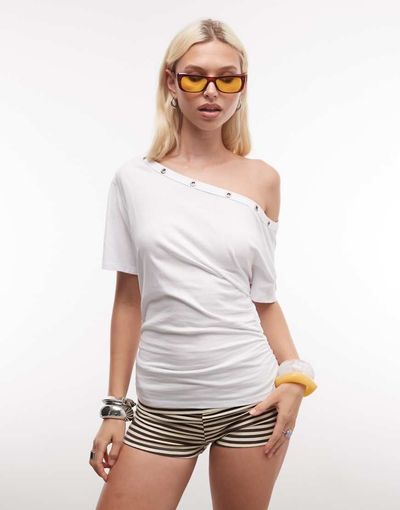 Collusion COLLUSION off-shoulder top with cinched waist and eyelets in white