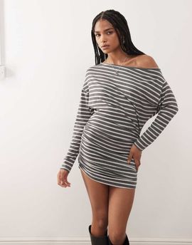 Collusion COLLUSION off the shoulder mini dress in gray stripes - part of a set-Multi